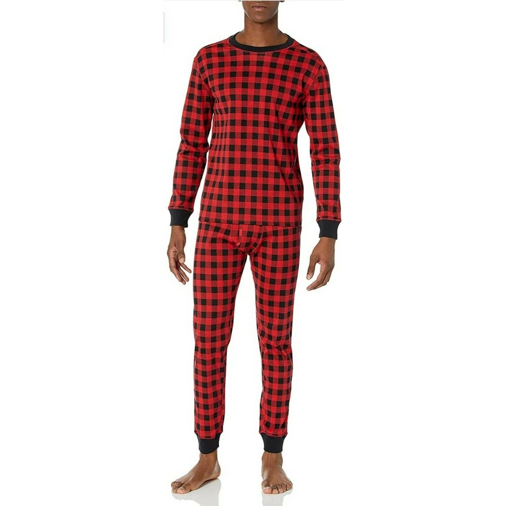 New Amazon Essentials Men's Knit Pajama Set Buffalo plaid 100% cotton XL